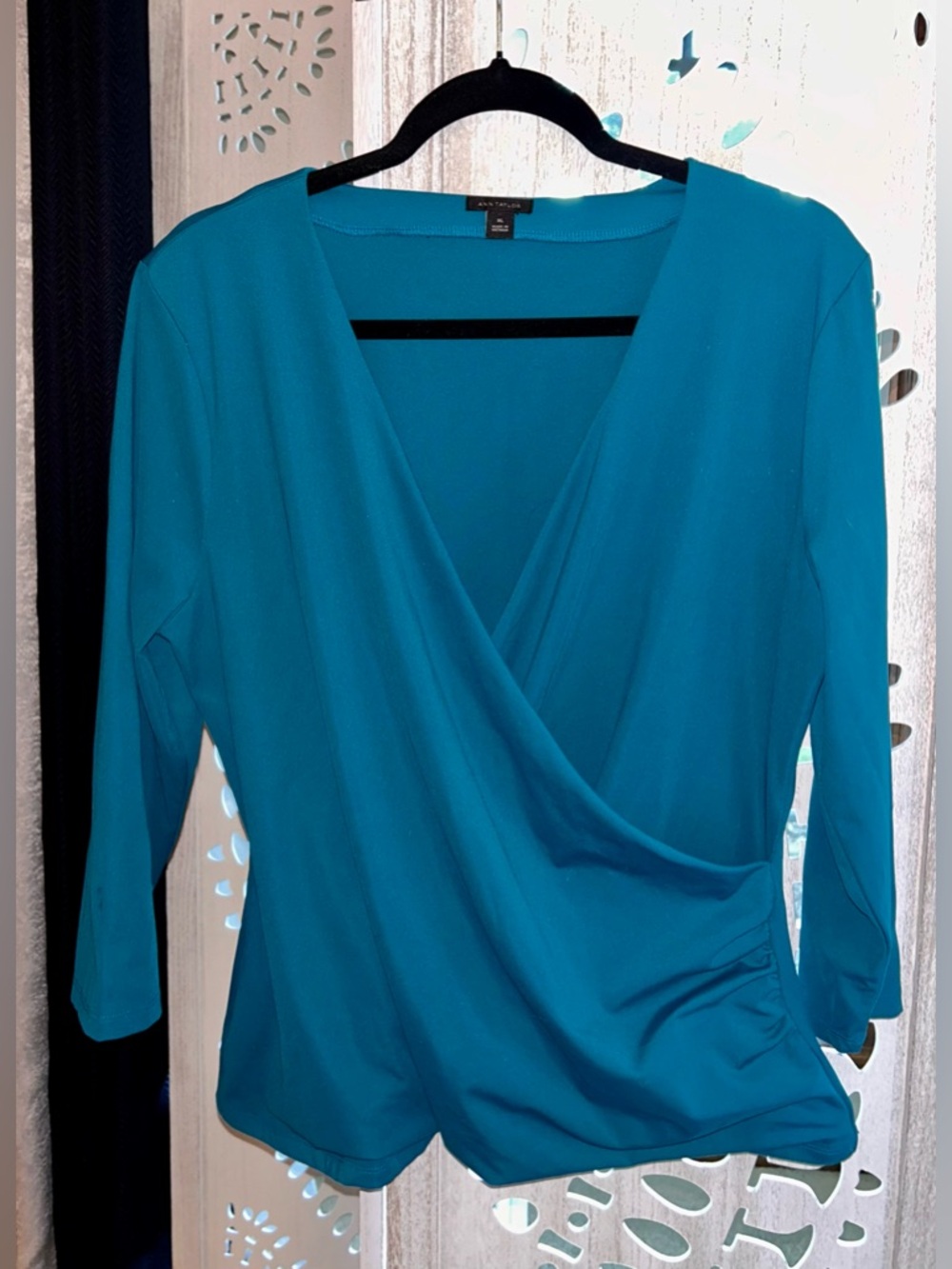 Ann Taylor long-sleeve, faux wrap-style blouse